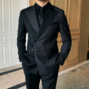 Business Black Striped Men Jacket+Pants Suits For Wedding Double Breasted Groom Tuxedos 2 Pieces  -  GeraldBlack.com
