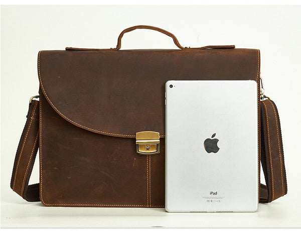 Business Vintage Leather Men Lock Laptop Briefcase 15.6 Inch Computer Travel Handbag  -  GeraldBlack.com