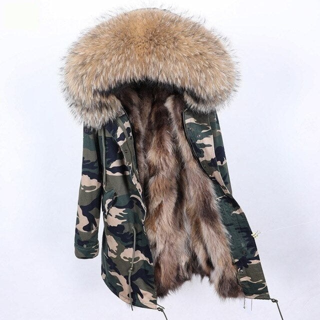 Camo Pattern Long Winter Jacket for Women with Natural Raccoon Fur Hood  -  GeraldBlack.com