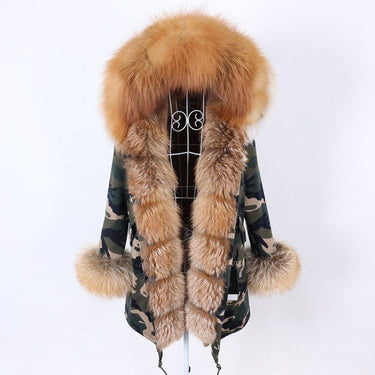 Camo Pattern Natural Fur Collar Hooded Long-Sleeved Winter Jacket for Women  -  GeraldBlack.com