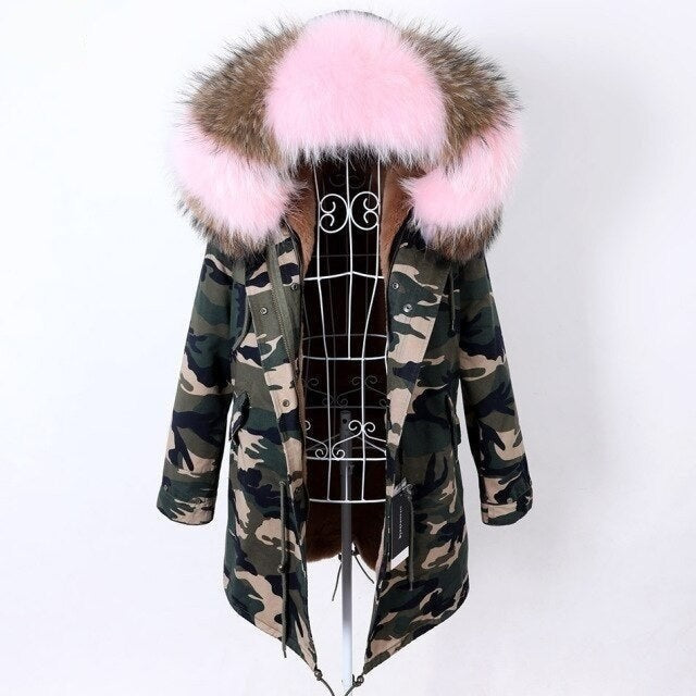 Camouflage Pattern Women's Real Fur Winter Coat Jacket with Fur Collar  -  GeraldBlack.com