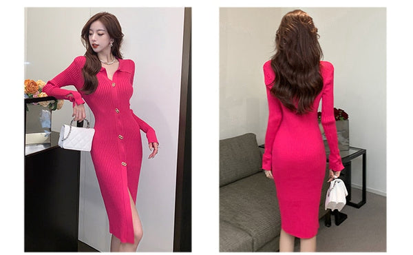 Casual Elasticity Knitted Bodycon Dress Women Single-Breasted Slit Party Vestido Pencil Sheath Bottoming Dresses  -  GeraldBlack.com