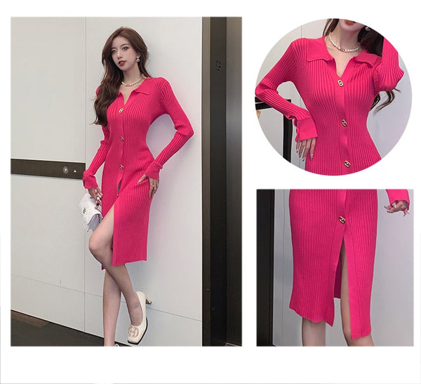 Casual Elasticity Knitted Bodycon Dress Women Single-Breasted Slit Party Vestido Pencil Sheath Bottoming Dresses  -  GeraldBlack.com