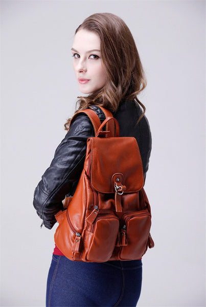 Fashion Brown Black Blue Red Genuine Leather Cute Women Backpacks Female Girl Backpack Lady Travel - SolaceConnect.com