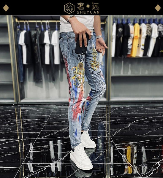 Casual Fashion Men's Crown Graffiti Printing Stretch Motorcycle Skinny Jeans - SolaceConnect.com