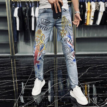 Casual Fashion Men's Crown Graffiti Printing Stretch Motorcycle Skinny Jeans - SolaceConnect.com