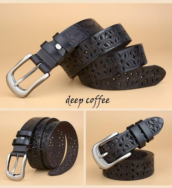 Casual Fashion Women's Solid Real Cow Leather Hollow Out Straps Belt - SolaceConnect.com