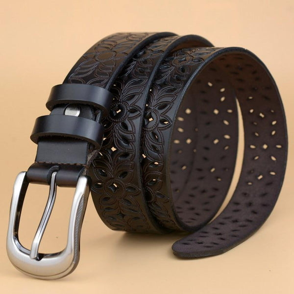 Casual Fashion Women's Solid Real Cow Leather Hollow Out Straps Belt - SolaceConnect.com