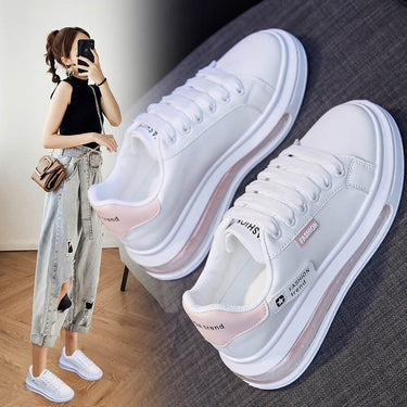 Casual Fashion Women's White Thick Sole Lace-up Flats Sewing Sneakers  -  GeraldBlack.com