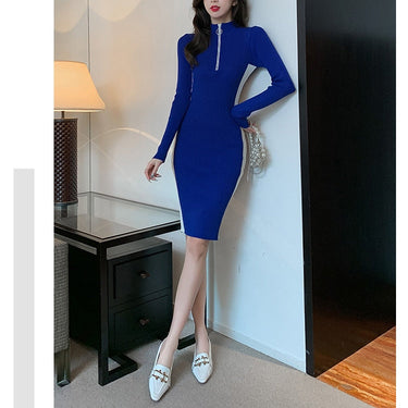 Casual Fashion Zipper Stripe Stitching Bottoming Knitted Autumn Dress Women's Office Party Sheath Pencil Dresses  -  GeraldBlack.com