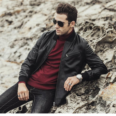Casual Genuine Lambskin Leather Motorcycle Winter Jackets for Men - SolaceConnect.com