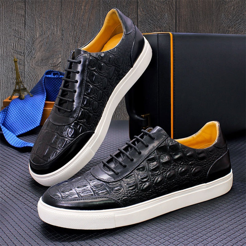 Casual Handmade Genuine Leather Crocodile Pattern Men Lace Up Non Slip Flat Date Party Shoes A19  -  GeraldBlack.com