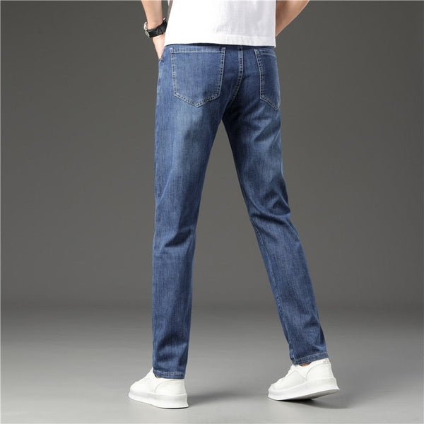 Casual Jeans Blue Straight Stretch Slim Cotton Comfortable Mid Waist Male Classic Business Denim Trousers  -  GeraldBlack.com