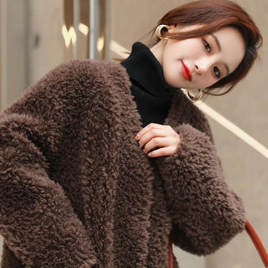 Casual Korean Winter Women's Solid Sheep Shearling Wool Fur Coats & Jackets  -  GeraldBlack.com