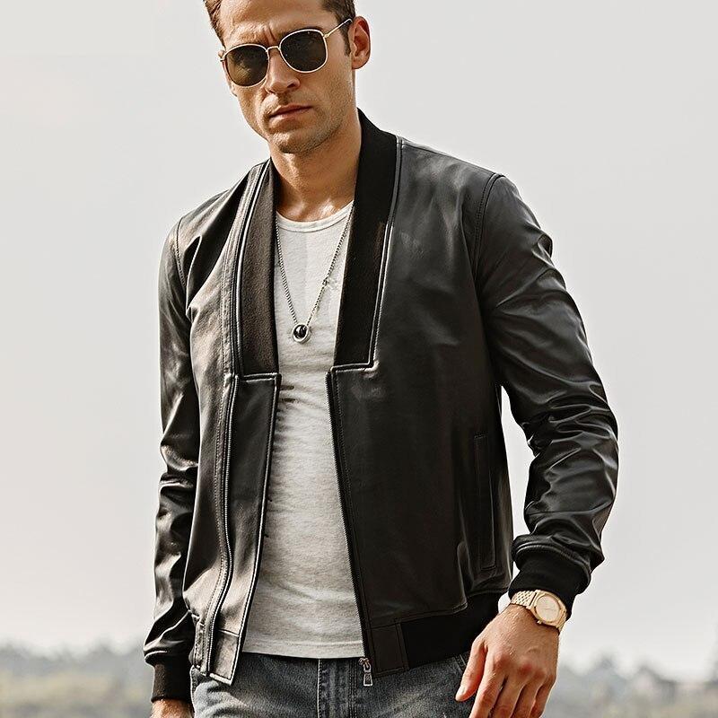 Casual Men's Genuine Lambskin Leather V-Neck Collar Motorcycle Jacket - SolaceConnect.com