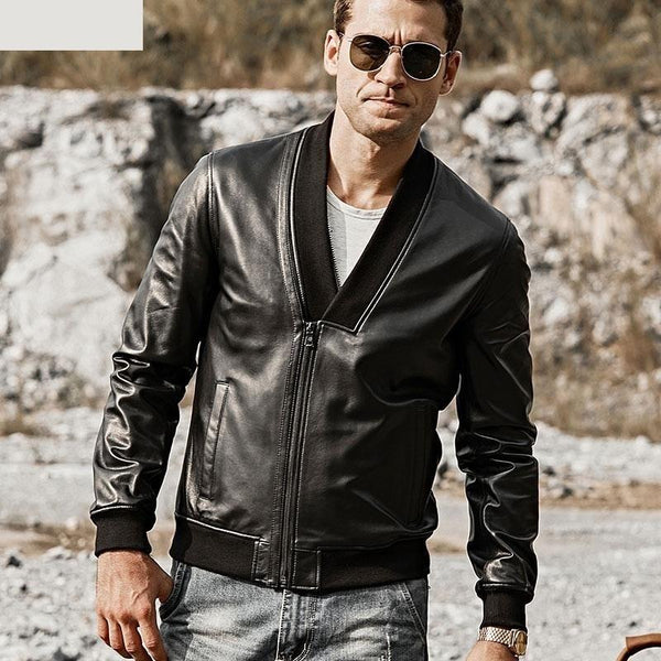 Casual Men's Genuine Lambskin Leather V-Neck Collar Motorcycle Jacket  -  GeraldBlack.com