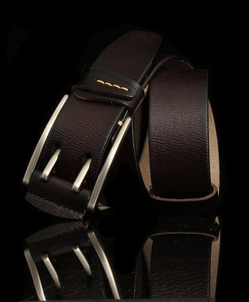 Casual Men's Genuine Leather Double Pin Buckle Belt Waistband for Jeans - SolaceConnect.com