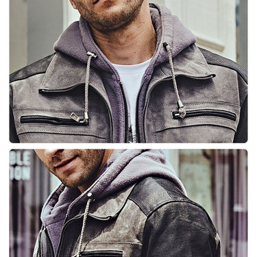 Casual Men's Genuine Pigskin Leather Motorcycle Jacket with Detachable Hood - SolaceConnect.com