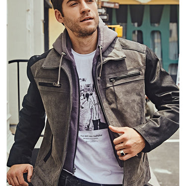 Casual Men's Genuine Pigskin Leather Motorcycle Jacket with Detachable Hood - SolaceConnect.com