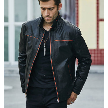 Casual Men's Real Pigskin Leather Zipper Jacket with Standing Collar - SolaceConnect.com