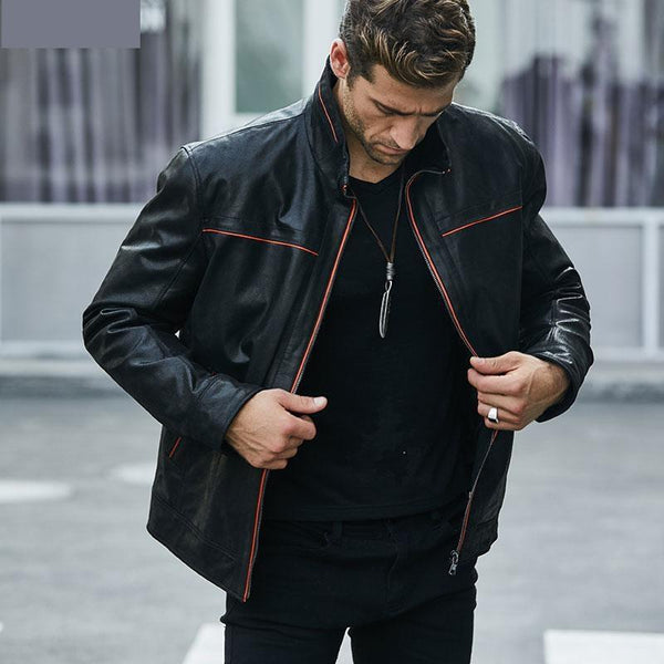 Casual Men's Real Pigskin Leather Zipper Jacket with Standing Collar - SolaceConnect.com