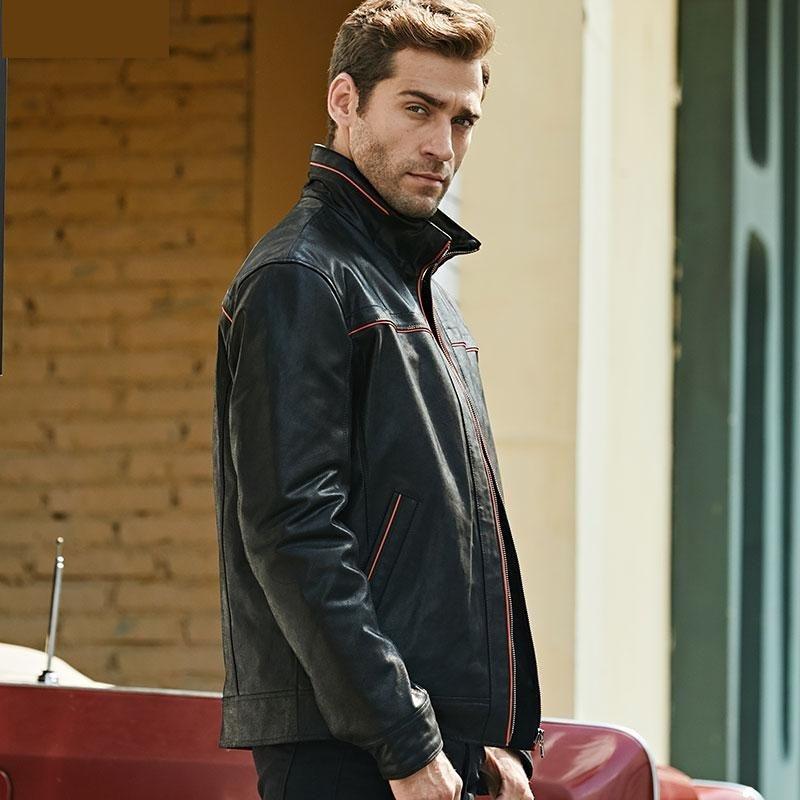 Casual Men's Real Pigskin Leather Zipper Jacket with Standing Collar  -  GeraldBlack.com