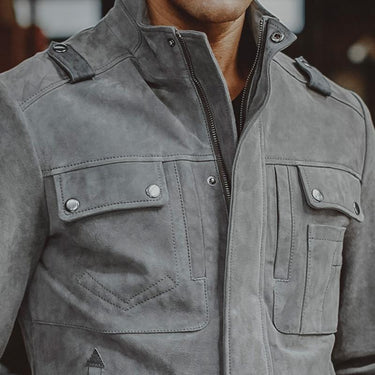 Casual Men's Solid Gray Genuine Pigskin Leather Motorcycle Jacket - SolaceConnect.com