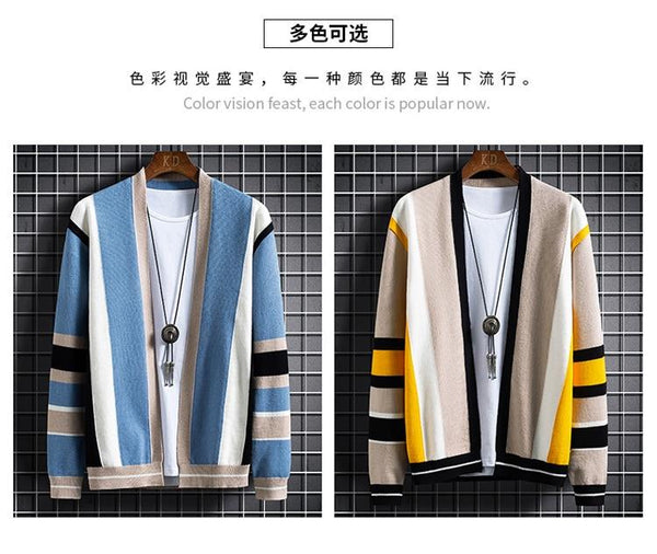 Casual Men's Solid Splicing Contrast O-neck Knitted Cardigan Sweater - SolaceConnect.com
