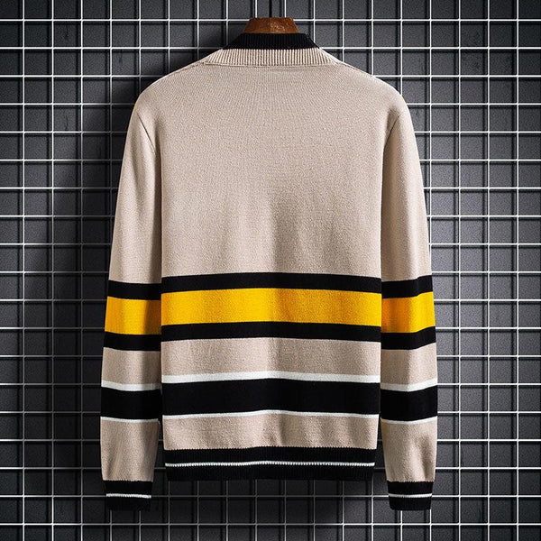 Casual Men's Solid Splicing Contrast O-neck Knitted Cardigan Sweater - SolaceConnect.com