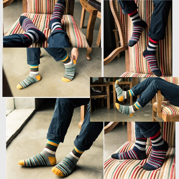 5 Pairs Casual Fashion Men's Chromatic Stripe Crew High Socks Stripped Socks GeraldBlack.com   