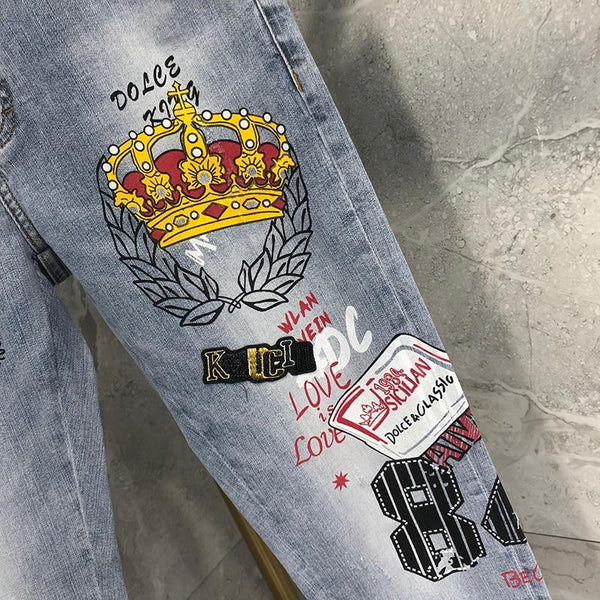 Casual Spring Men's Crown Printing Slim-fit Skinny Straight-Leg Jeans Joggers - SolaceConnect.com