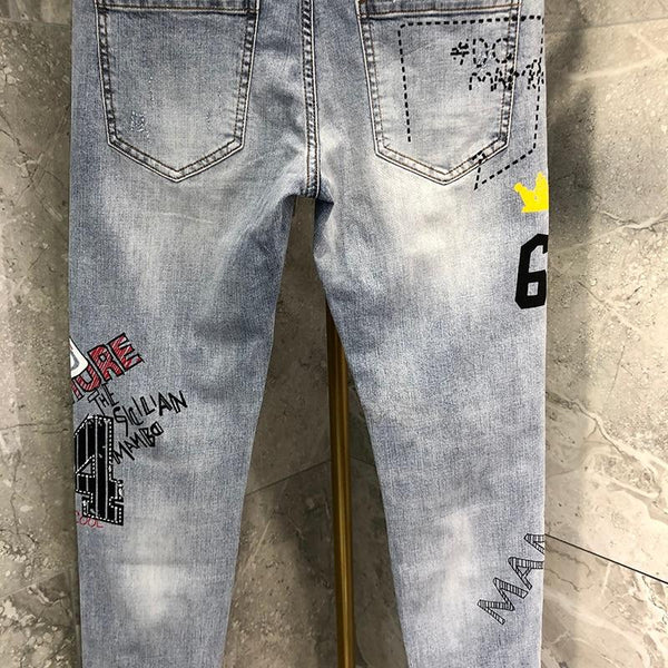Casual Spring Men's Crown Printing Slim-fit Skinny Straight-Leg Jeans Joggers - SolaceConnect.com