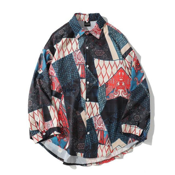 Casual Streetwear Long Sleeve Japanese Geometry Patchwork Men’s Shirt - SolaceConnect.com