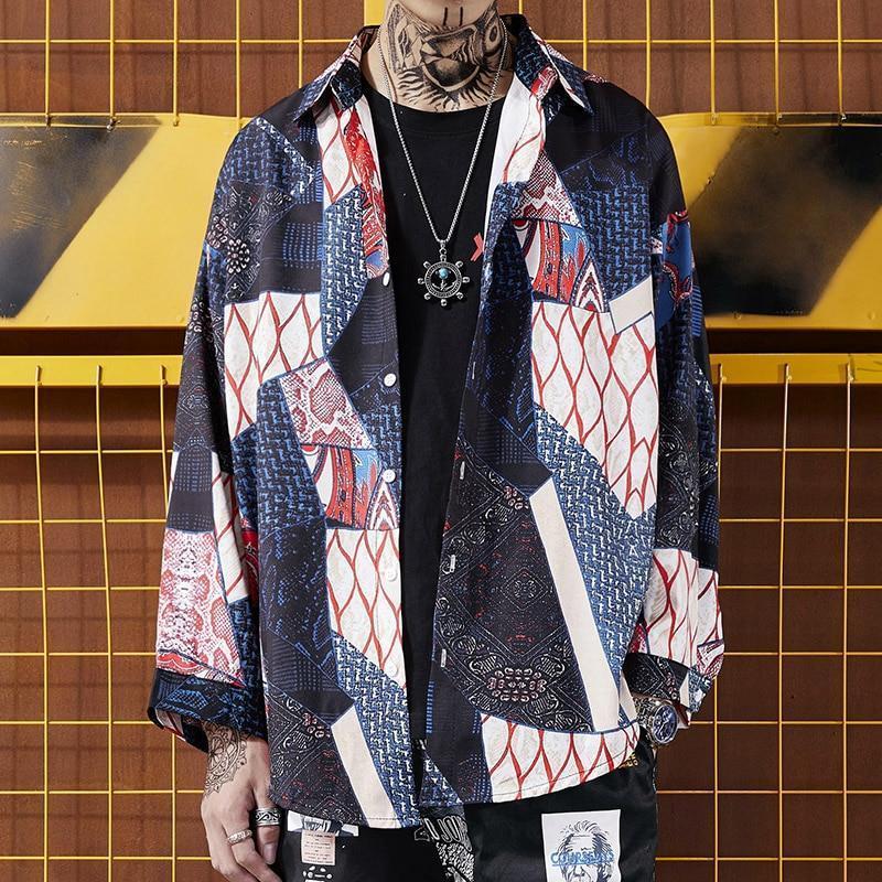 Casual Streetwear Long Sleeve Japanese Geometry Patchwork Men’s Shirt  -  GeraldBlack.com