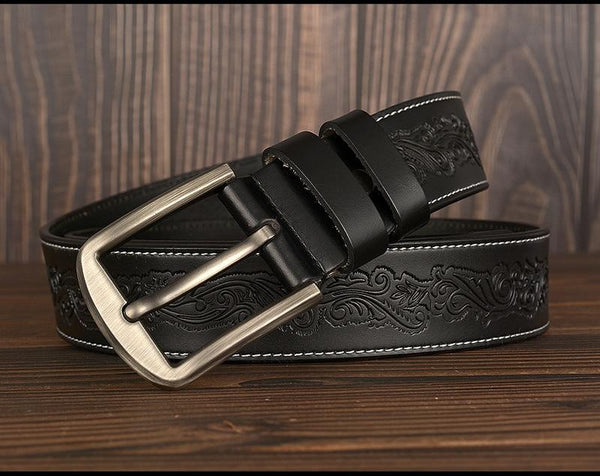 Casual Style Luxury Men's Flower Pattern Leather Metal Pin Buckle Belt - SolaceConnect.com