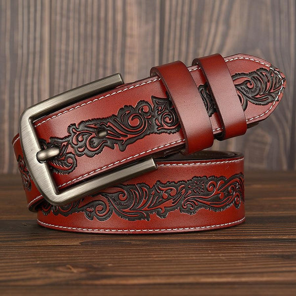 Casual Style Luxury Men's Flower Pattern Leather Metal Pin Buckle Belt  -  GeraldBlack.com
