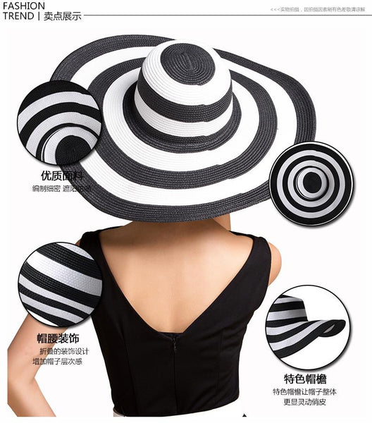 Casual Style Summer Beach Foldable Striped Wide Brim Sun Hat for Women - SolaceConnect.com