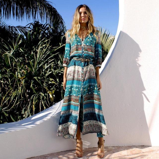 Casual Summer Boho Long Dress for Women with Elegant Print and Sexy V-Neck - SolaceConnect.com