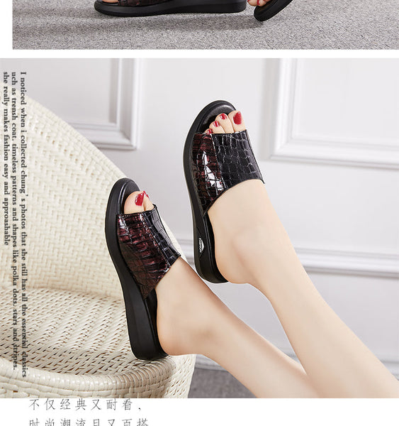 Casual Summer Style Genuine Leather Solid Wedges Flip Slipper for Women  -  GeraldBlack.com