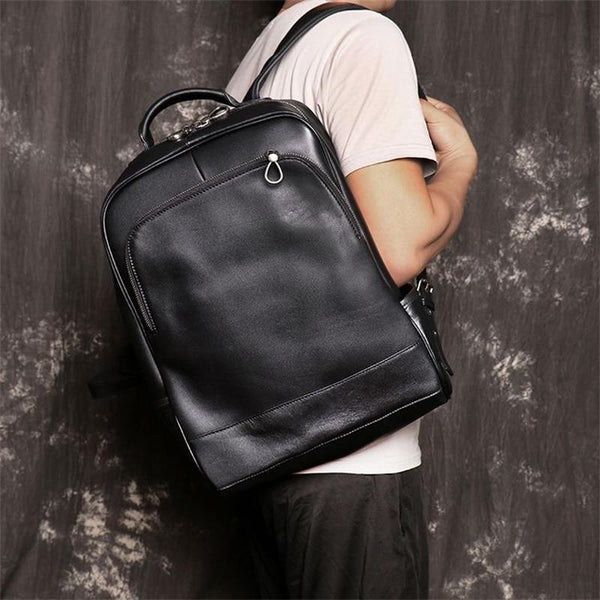 A4 Coffee Black Genuine Leather 14'' 15.6'' Laptop Women Men Backpack Cowhide Travel Bag M1003 - SolaceConnect.com