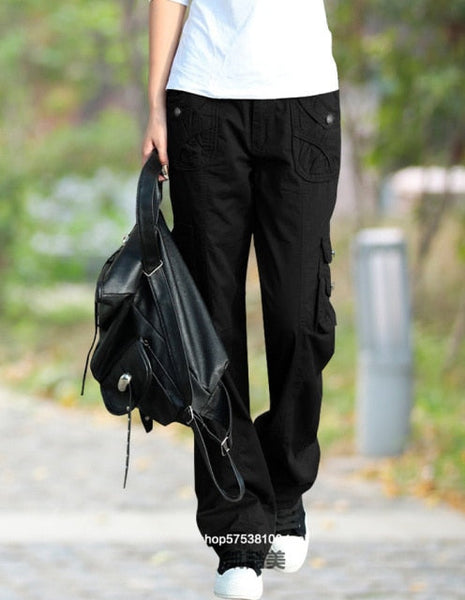 Casual Women's Solid Pockets Mid Waist Cargo Jogger Full Pants Trousers - SolaceConnect.com