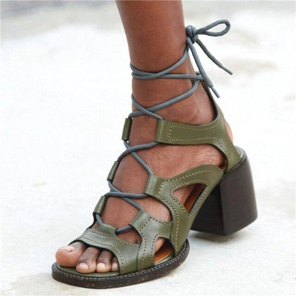Casual Vintage Hollow-out Lace-up Chunky Heels Gladiator Sandals for Women - SolaceConnect.com