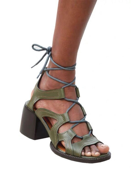 Casual Vintage Hollow-out Lace-up Chunky Heels Gladiator Sandals for Women  -  GeraldBlack.com