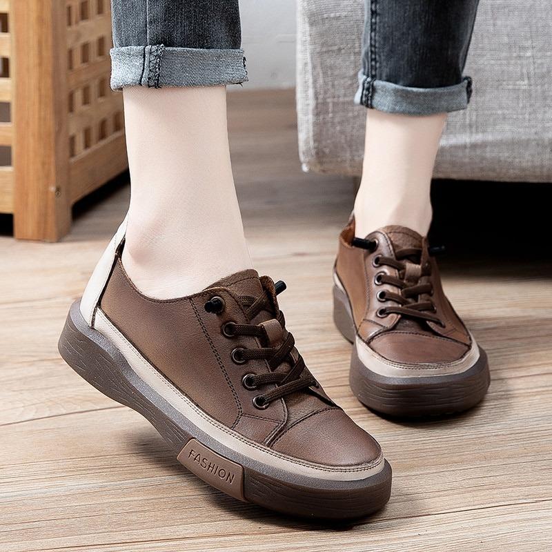 Casual Women's Genuine Leather Lace-up Breathable Comfort Flats Sneakers - SolaceConnect.com