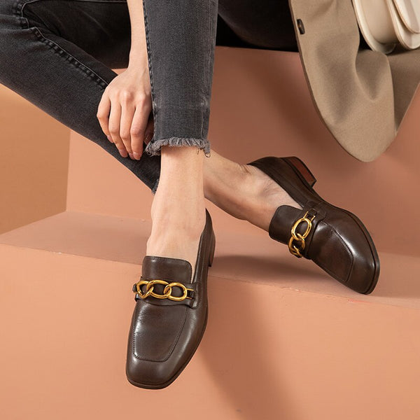Casual Women's Genuine Leather Square Toe Metal Chain Decor Slip-on Loafers - SolaceConnect.com