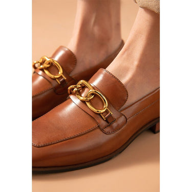 Casual Women's Genuine Leather Square Toe Metal Chain Decor Slip-on Loafers - SolaceConnect.com