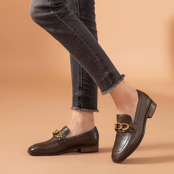 Casual Women's Genuine Leather Square Toe Metal Chain Decor Slip-on Loafers  -  GeraldBlack.com