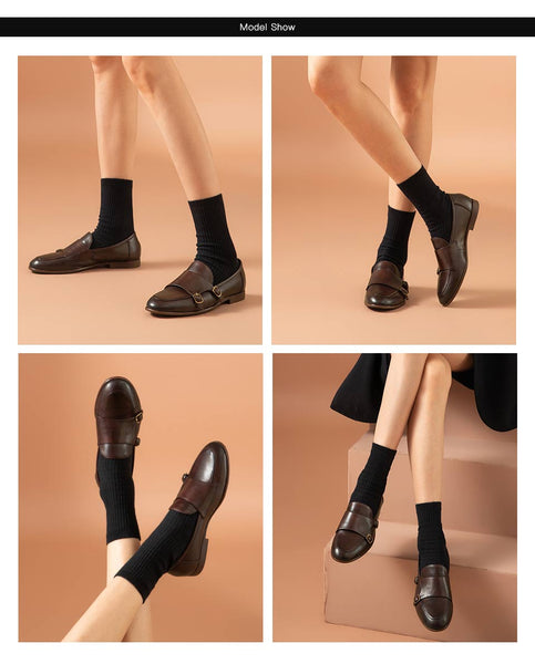 Casual Women's Leather Waxing Round Toe Slip-on Metal Buckle Loafers - SolaceConnect.com