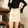 Casual Women's Vintage Autumn High Waist Mini Pencil Beige Skirt with Belt on Clearance  -  GeraldBlack.com