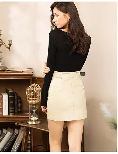 Casual Women's Vintage Autumn High Waist Mini Pencil Skirts with Belt - SolaceConnect.com